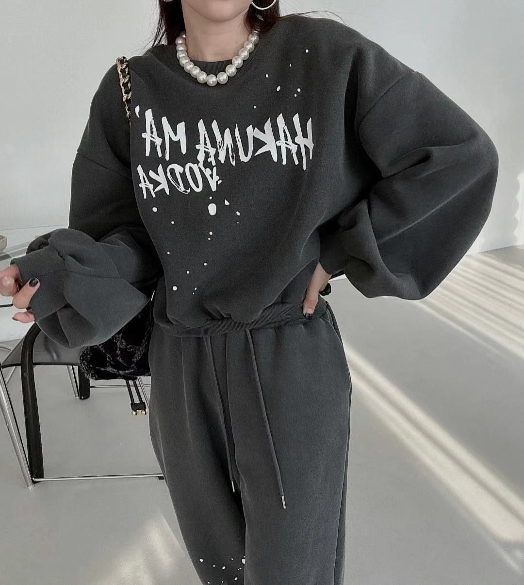 Korean Chic Winter Set – Oversized Letter Print Sweatshirt & High-Waist Drawstring Pants (XL, Charcoal Grey)_voghion.com