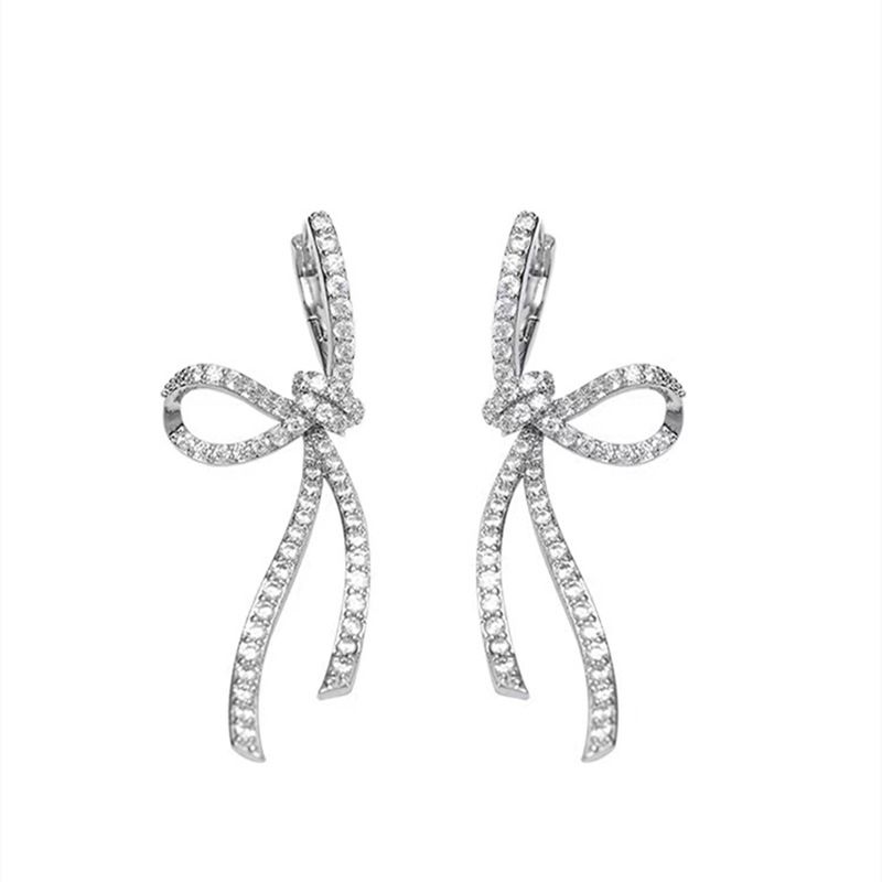 Full Diamond Bowknot Long Style High-end Sense Non-pierced Clips Light Luxury Temperament Ear Buckles Niche Round Face_voghion.com