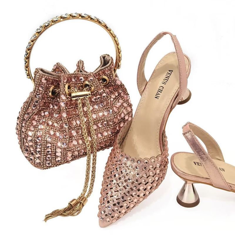 Plus-size Pointed Women's Shoes Back Empty Plated Heel + Rhinestone Bucket Handbag_voghion.com