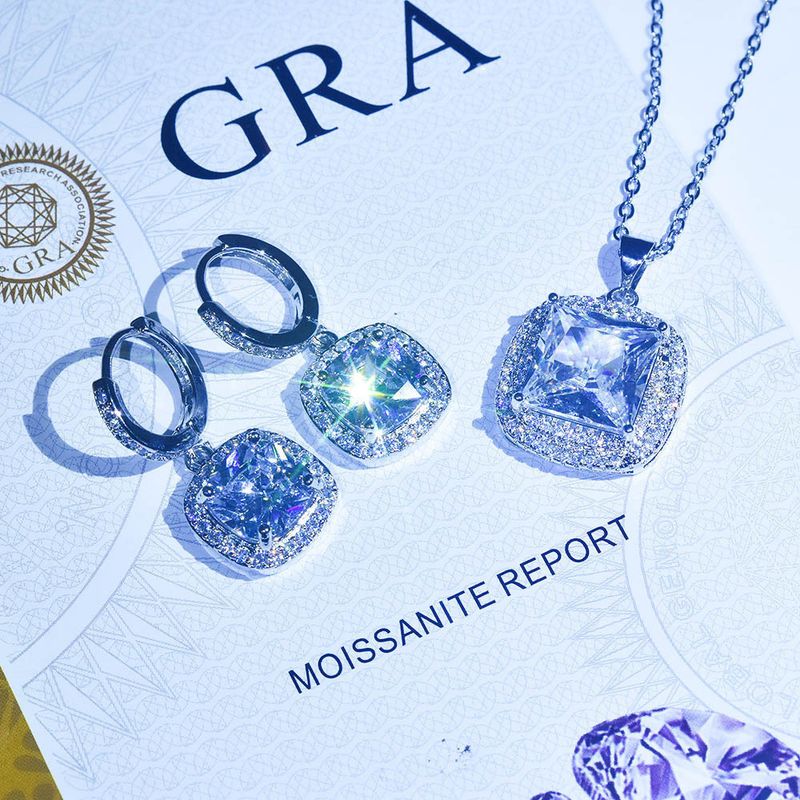 Set di orecchini e collana con ciondolo in moissanite quadrata color D con diamanti da principessa, per donna._voghion.com