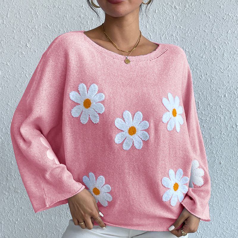 Pull ample à manches chauve-souris pour femmes, pull brodé à une épaule, nouvelle collection automne et hiver_voghion.com