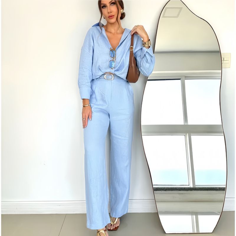Vêtements pour femmes, nouvelle mode, coton et lin, couleur unie, chemise ample à manches longues, costume décontracté, pantalon, ensemble deux pièces_voghion.com