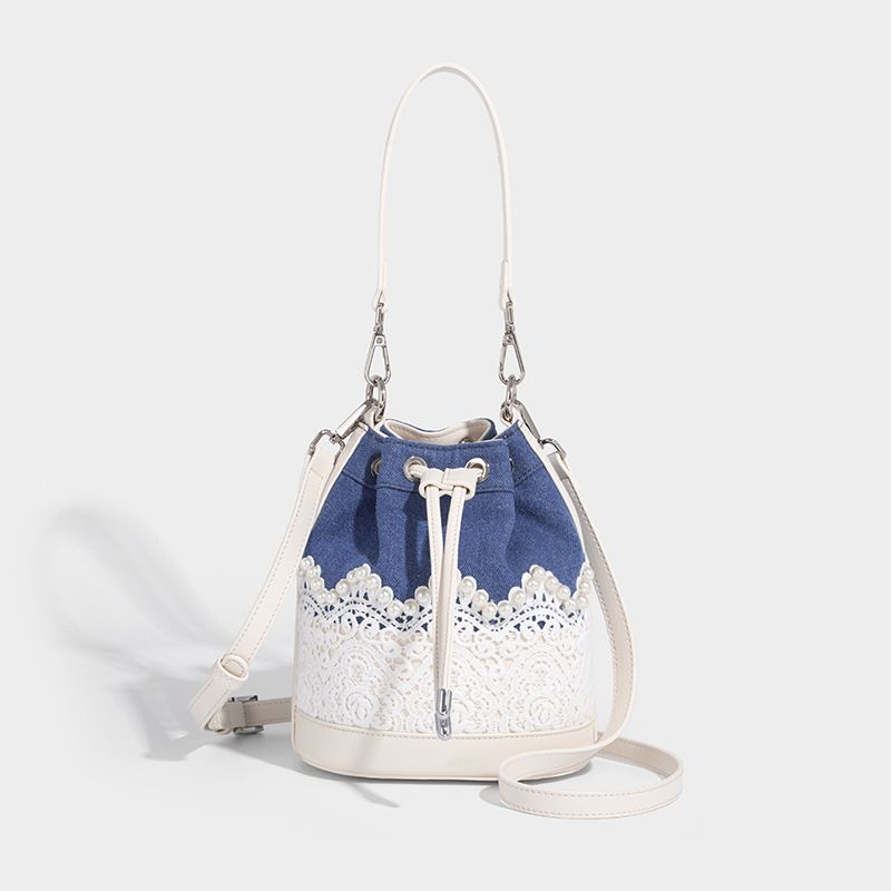 Borsa a mano con bordo in pizzo e cuciture alla moda estiva 2025, borsa a tracolla con tracolla singola, borsa a secchiello con coulisse, di alta qualità, alla moda._voghion.com