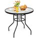 32 Inch Patio Tempered Glass Steel Frame Round Table With Convenient Umbrella Hole_voghion.com