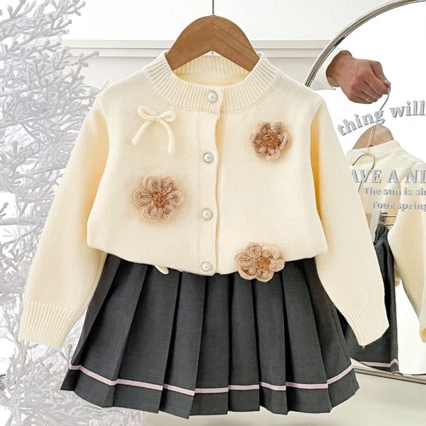 Suéter infantil de duas peças, estilo coreano, manga comprida, de malha, para meninas, primavera e outono, com flores, saia plissada_voghion.com