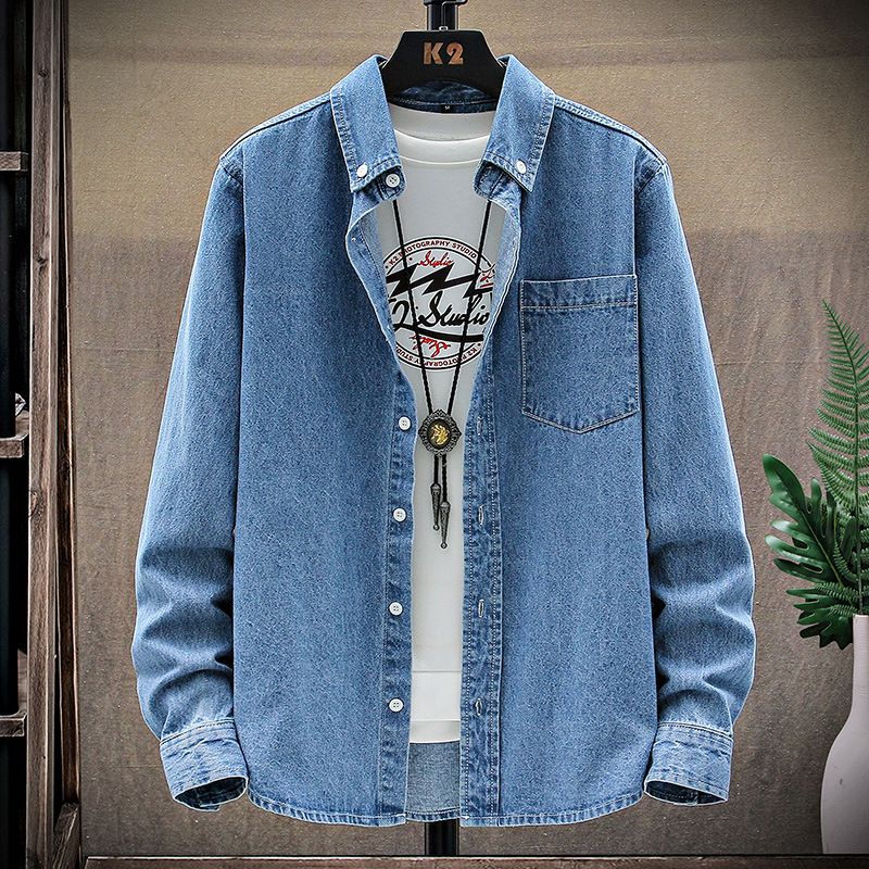 Abbigliamento maschile Primavera e autunno Tinta unita Giovani Camicia in denim a maniche lunghe Classico Casual Versatile Giacca_voghion.com