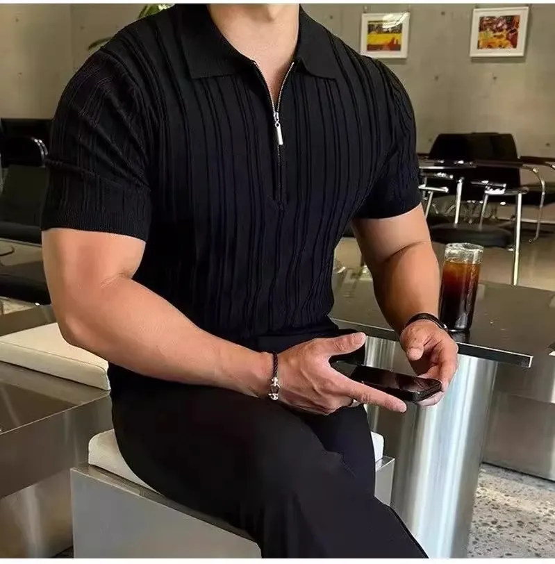 Half Zipper Shirt Men's Short Sleeve Lapel Knitted Tops Handsome Shirt Men's_voghion.com