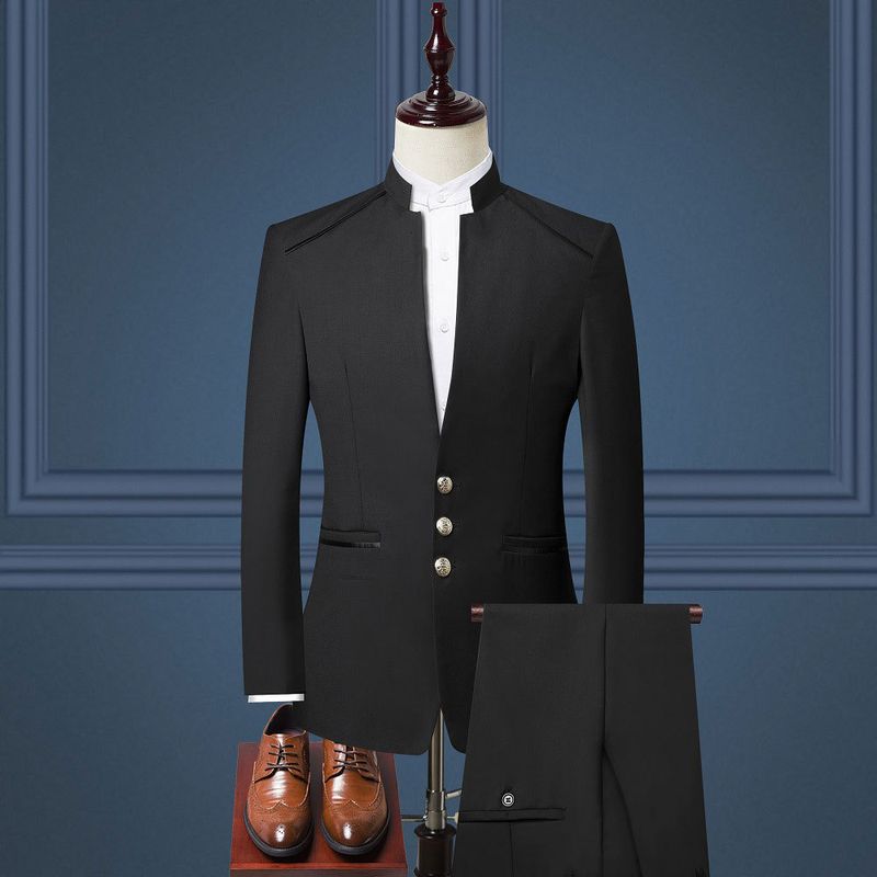 Herrenbekleidung Jacke und Hose Zweiteiliger Anzug Retro-Stil Offene Brust Doppelgabel Goldknopf Herrenanzug_voghion.com