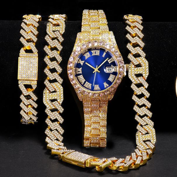 Hip Hop Diamond náhrdelník náramek pánské hodinky Set styl Quartz kalendáře plné diamantové hodinky_voghion.com