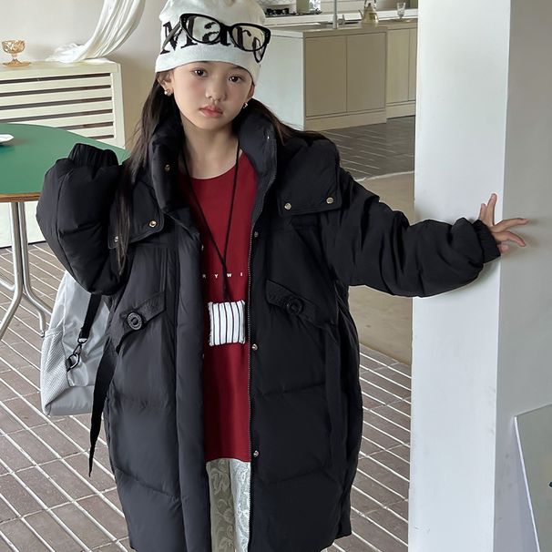 Cappotto invernale in stile coreano per bambine – Piumino lungo con piumino d'anatra bianco al 90% (nero/rosa/kaki, 5 taglie, trendy e caldo)_voghion.com