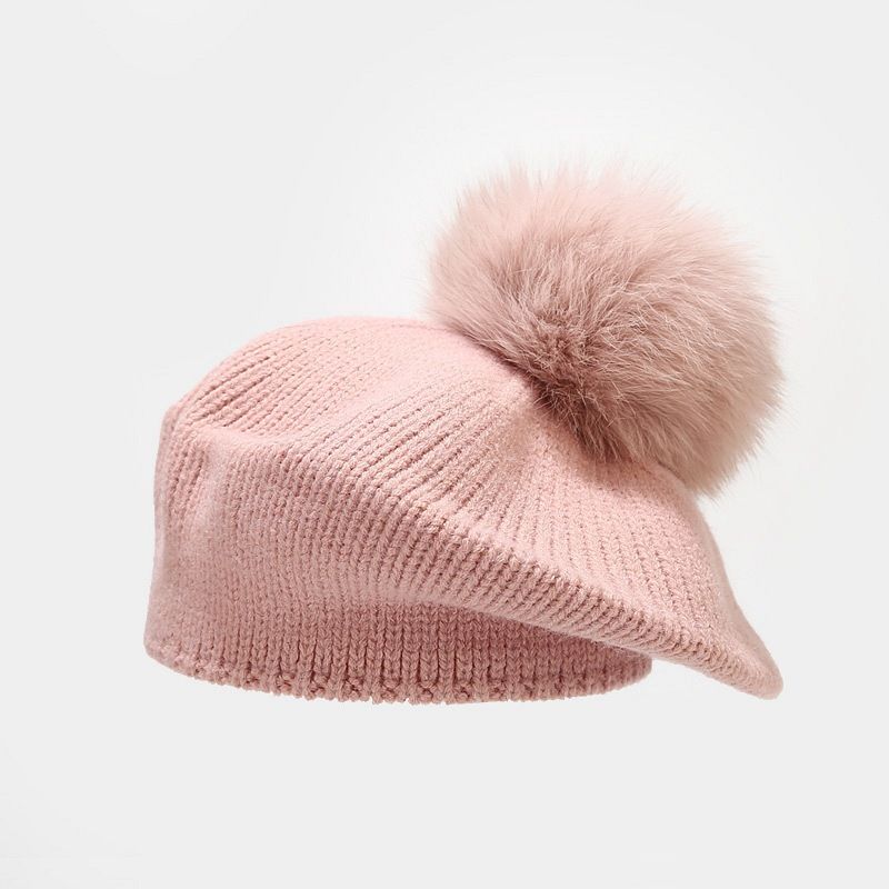 Vroče razprodaje ženskih elegantnih odstranljivih baretek iz lisičjega krzna, jesensko-zimskih toplih pletenih kap za dekleta, enobarvnih elastičnih_voghion.com