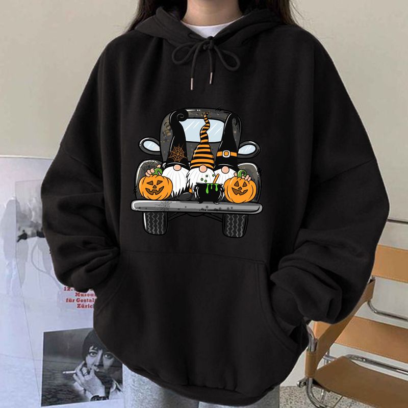 Natal roupas femininas outono dia das bruxas novo caminhão abóbora gnome impressão gota ombro manga moletom com capuz_voghion.com