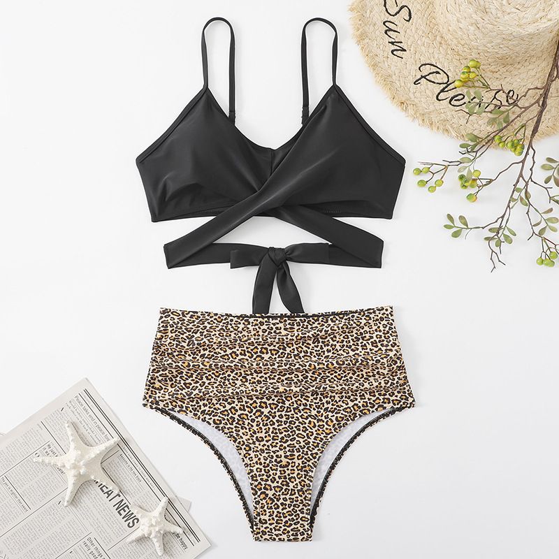 Women's Clothing Leopard Print High Waist Split Bikini Sexy Swimsuit_voghion.com
