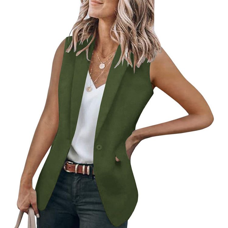 Ärmelloser Blazer für Damen, Sommer, neue lockere Passform, lässige Bürokleidung, einfarbig, gekerbtes Revers, offene Vorderseite, Strickjacke_voghion.com