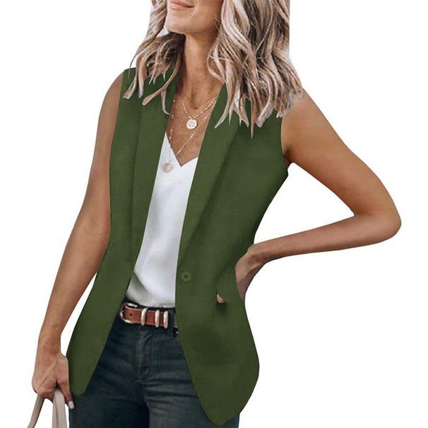 Ärmelloser Blazer für Damen, Sommer, neue lockere Passform, lässige Bürokleidung, einfarbig, gekerbtes Revers, offene Vorderseite, Strickjacke_voghion.com