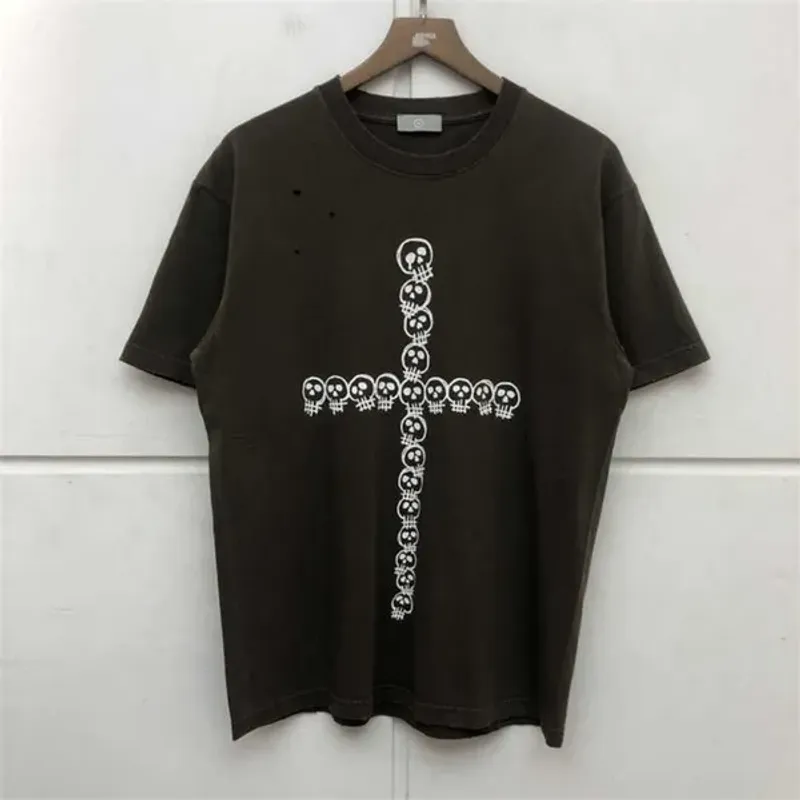 Magliette da uomo T-shirt vintage con fori Uomo Donna Maglietta in tessuto pesante di alta qualità T-shirt oversize con motivo a croce e teschio_voghion.com