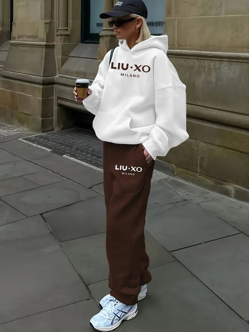 Damen-Kapuzenpullover-Set mit Buchstabendruck, langärmligem Pullover-Sweatshirt und Hose mit elastischer Taille_voghion.com