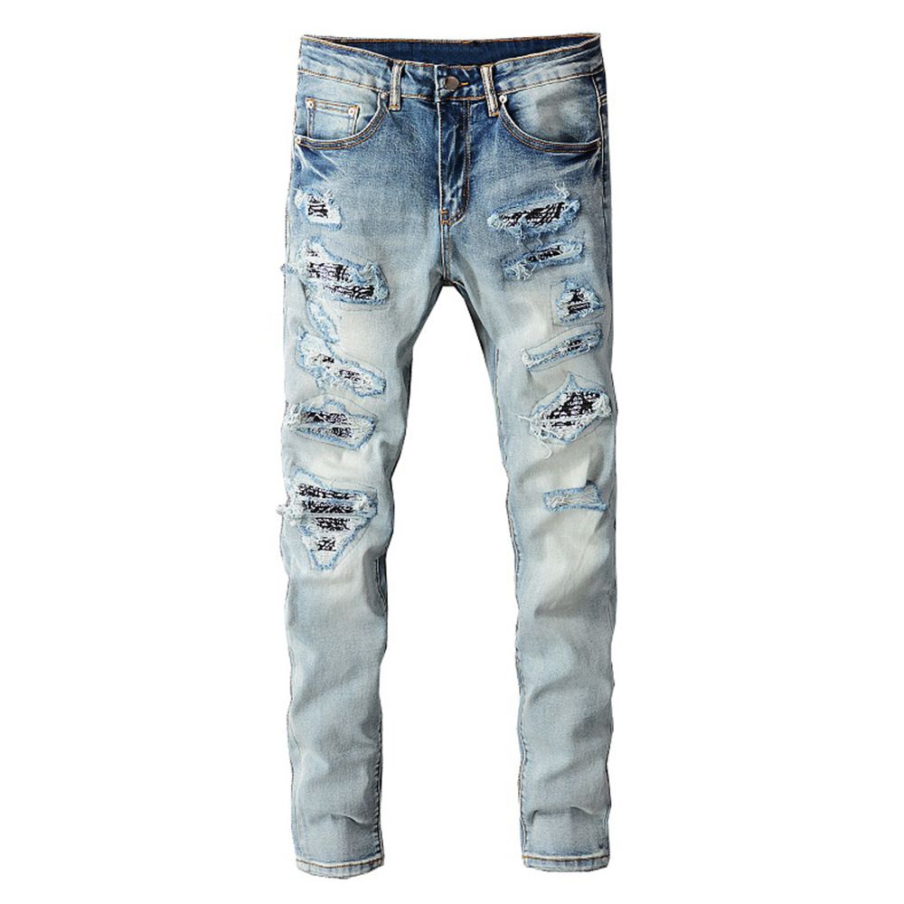 Men's Clothing High Street Fashion Brand Men's Clothing Trend Men's Slim Elastic Knee Hole Patch Jeans Skinny Pants_voghion.com