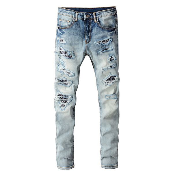 Men's Clothing High Street Fashion Brand Men's Clothing Trend Men's Slim Elastic Knee Hole Patch Jeans Skinny Pants_voghion.com