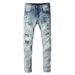 Men's Clothing High Street Fashion Brand Men's Clothing Trend Men's Slim Elastic Knee Hole Patch Jeans Skinny Pants_voghion.com