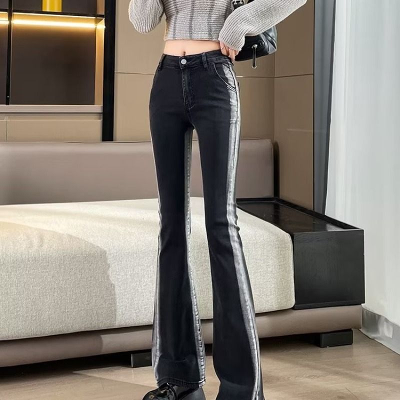 Jeans americani sfumati da donna, primavera 2023 nuovo stile spicy girl Harajuku vita alta snellente pantaloni a zampa elastici_voghion.com