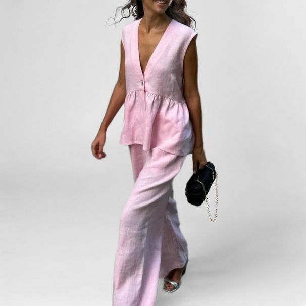 2025 Yaz Sonbahar Yeni Kadın Günlük Basit V Yaka Kolsuz Yelek Üst Uzun Pantolon Takımı Kadınlar İçin_voghion.com