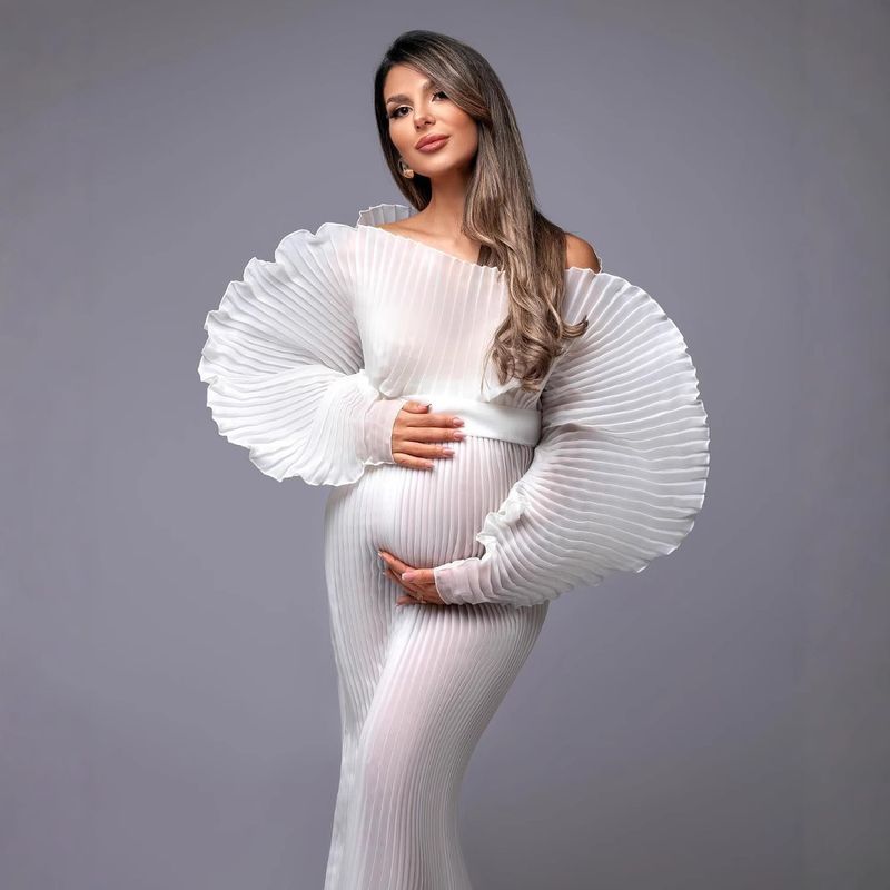 Elegante zwangerschapsfotojurk met flatterend gerimpeld design - zachte stretchstof, vierkante halslijn, lange mouwen, verkrijgbaar in meerdere kleuren_voghion.com