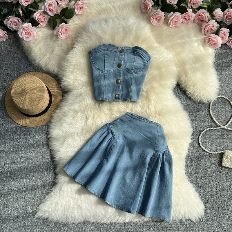Zoete coole hot girl pak dames zomer korte denim tube bh vest top tweedelig set hoge taille A-e rok_voghion.com