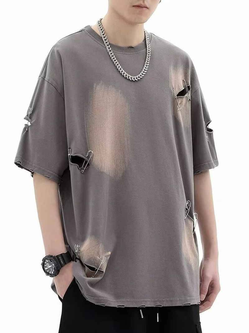 Men's Short-sleeved T-shirt men's 2024 summer new style ripped metal button niche design trendy brand loose high street ins T-shirt_voghion.com
