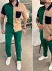 Trendiges, lässiges Sport-Set für Herren: Kurzarmhemd und lange Hose im Herbst-Color-Blocking-Stil_voghion.com