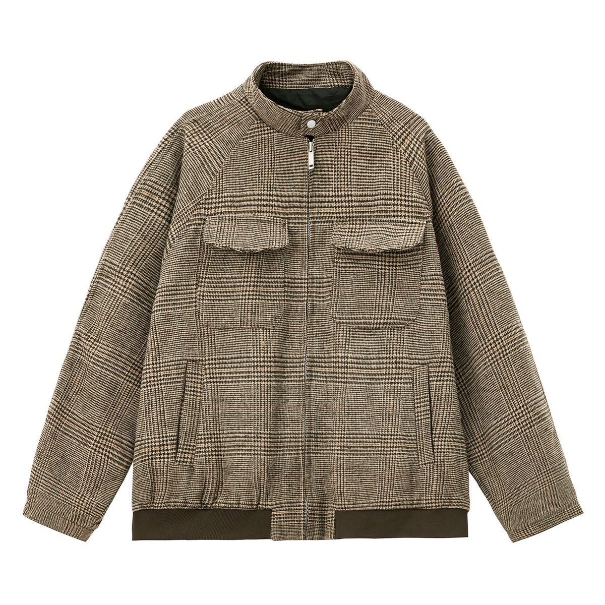 Retro Houndstooth Harrington Jacket For Men - Classic Short Wide Collar Vintage Style With Dual Pockets, Autumn Winter Fashion_voghion.com