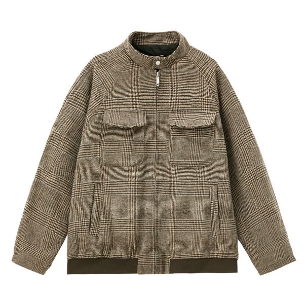 Retro Houndstooth Harrington Jacket For Men - Classic Short Wide Collar Vintage Style With Dual Pockets, Autumn Winter Fashion_voghion.com