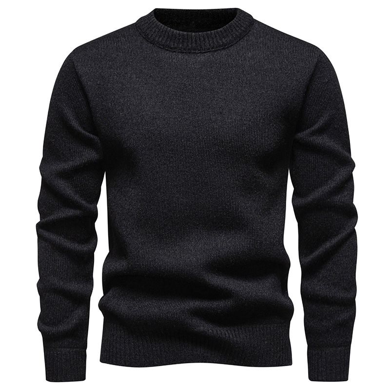 Men's Clothing Warm Fleece-Lined Knit Sweater, Round Neck Long Sleeve Pullover, Soft Wool Blend, Casual Winter Thermal Top (Black, Coffee, Khaki)_voghion.com