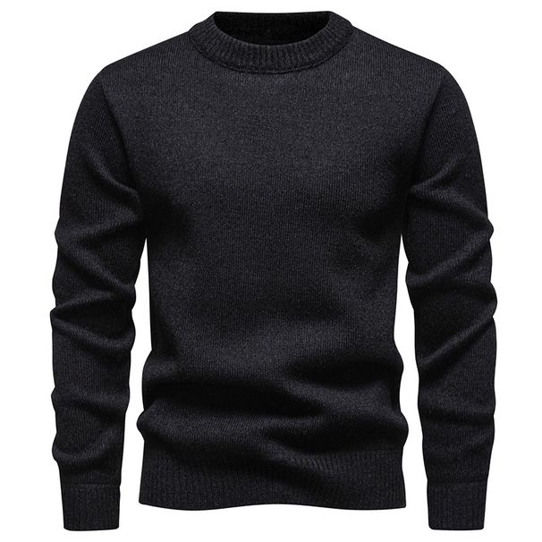 Men's Clothing Warm Fleece-Lined Knit Sweater, Round Neck Long Sleeve Pullover, Soft Wool Blend, Casual Winter Thermal Top (Black, Coffee, Khaki)_voghion.com