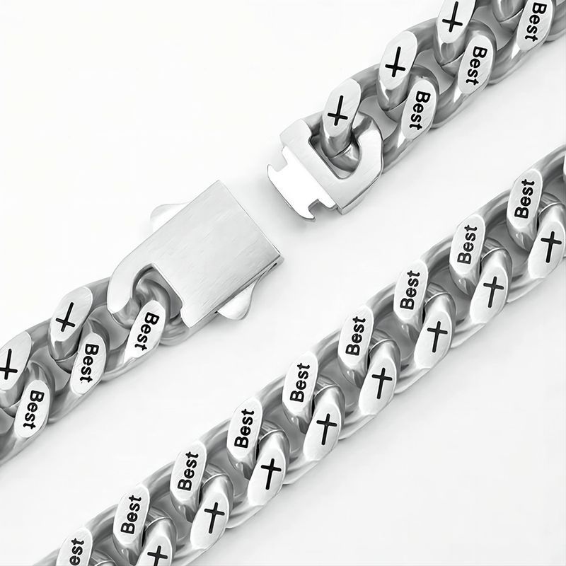 Hip Hop Titanium Engraved Cuban Men's Brushed Stainless Steel Four-Sided Polished Denim Chain Figaro Necklace_voghion.com