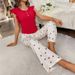 Damen-Schlafanzug, Loungewear, kurzärmlige Oberteile und Hosen, Herz-Print, Rüschenoberteil_voghion.com