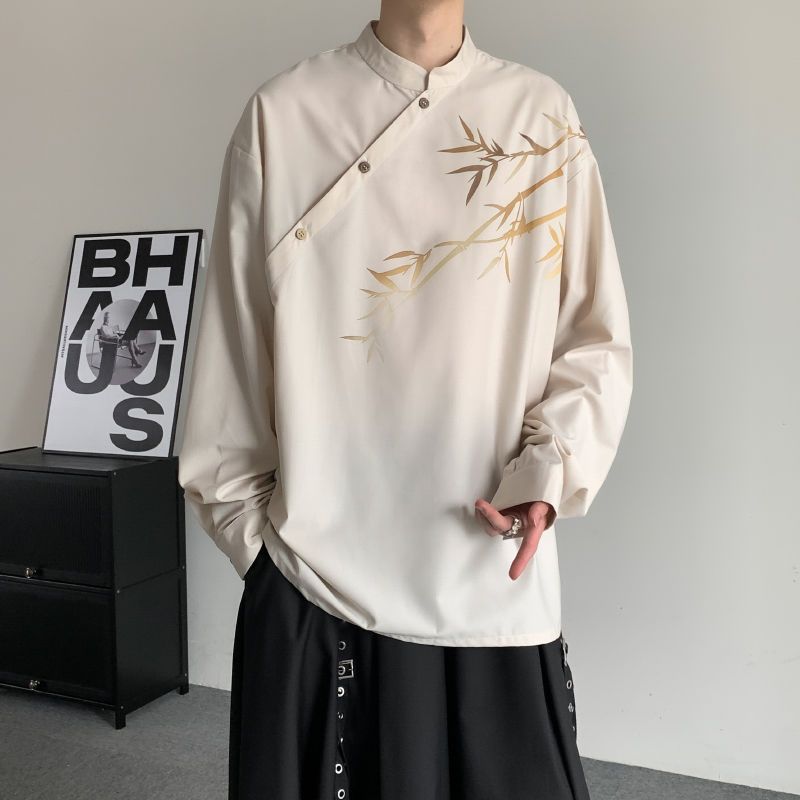 camicia a maniche lunghe con patta obliqua sfumata per uomo in autunno, nuova camicia in stile cinese di nicchia, top Zhongshan di grandi dimensioni_voghion.com