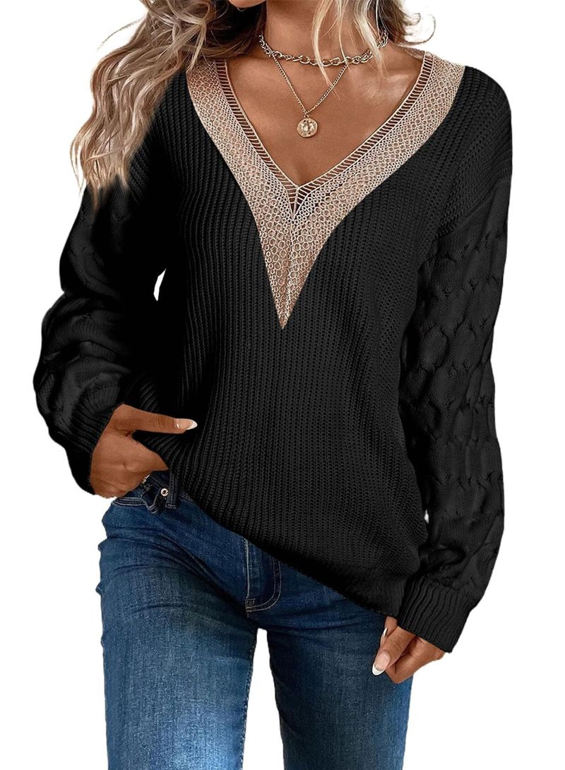Top maglione pullover con spalle scoperte lavorato a maglia in pizzo con scollo a V sexy moda autunno e inverno da donna_voghion.com