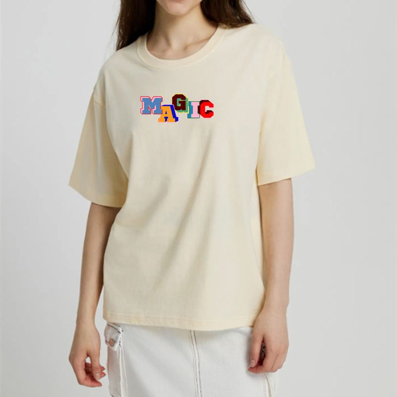 Solid Loose Short Sleeve For Women Summer New Versatile Printed Round Neck Top T-shirt Trendy Wrinkle Resistant Dress_voghion.com