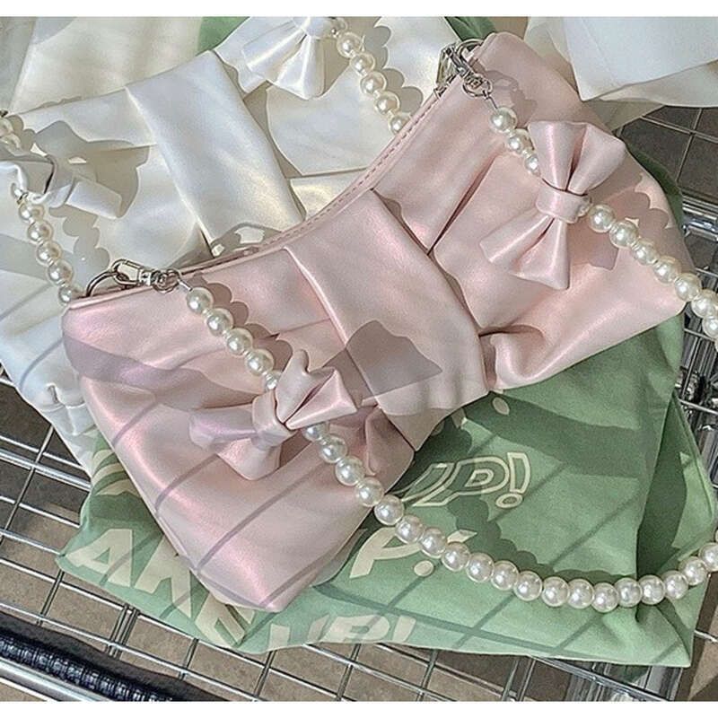 Girls Pearl Bow Women's 2025 New Fairy Korean Shoulder Tote Crossbody Bag_voghion.com