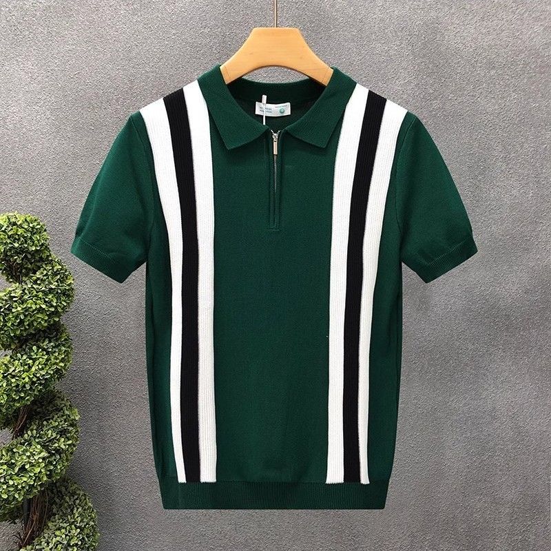 Color Blocking Gestreiftes Kurzarm-Poloshirt aus Eisseide für Herren im Sommer, mit einem Nischen- und vielseitigen Design, lässig_voghion.com