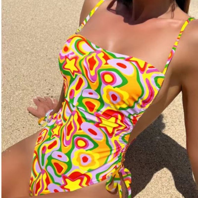 Einteiliger Badeanzug für Damen, Digitaldruck, Kordelzug, Hosenträger, rückenfrei, sexy Bikini_voghion.com