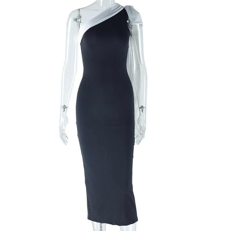 European And American Style Ins Foreign Trade Women's Solid Color Splicing Dress Sexy Sleeveless Streamer Temperament One Step Skirt Dress_voghion.com