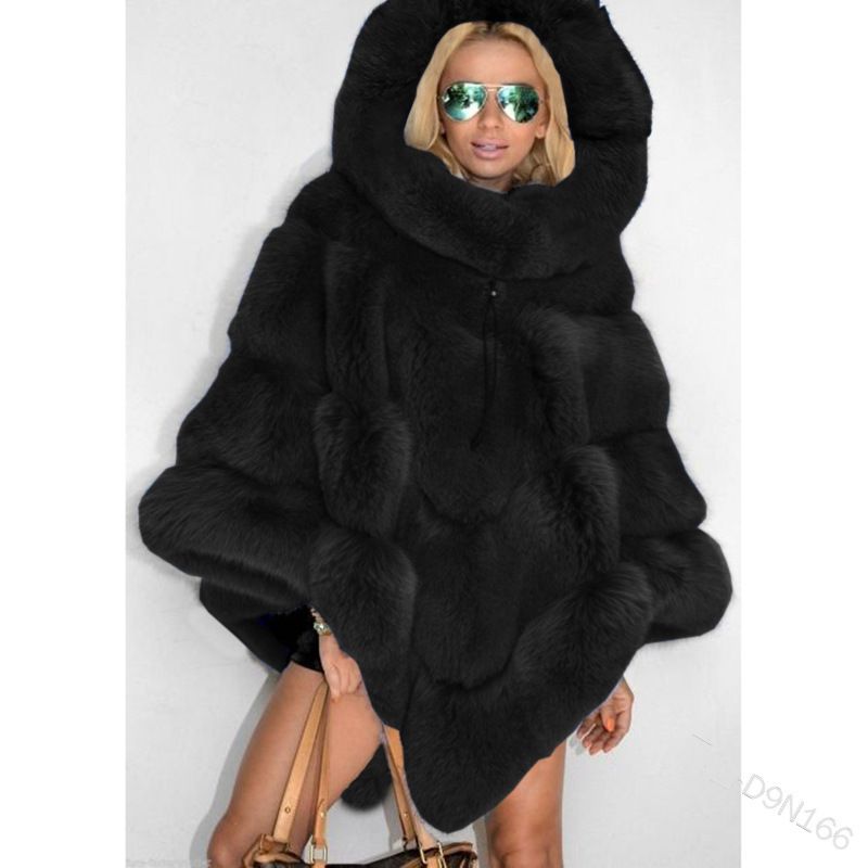 Mantello da pendolare temperamento cappotto sciolto da donna in tinta unita con cappuccio in pelliccia sintetica con cuciture_voghion.com