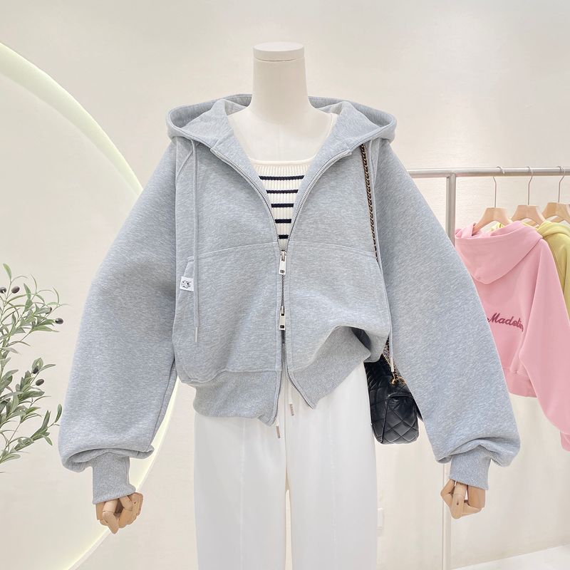 Short cardigan jacket, women's Korean style design, niche, loose and slimming, double zipper hooded sweatshirt, casual_voghion.com