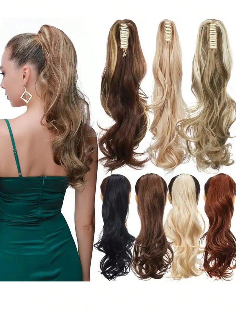Coda di cavallo multicolore sintetica resistente al calore 22 pollici lunga e soffice clip con artiglio ondulato coda di cavallo estensioni dei capelli per le donne_voghion.com