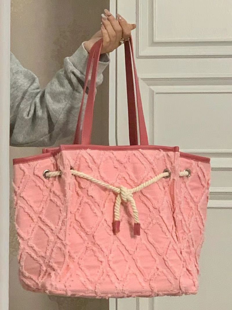 Lare capacity tote drawstrin commutin niche pink women's 2024 new canvas diamond rid hand bill of ladin shoulder_voghion.com