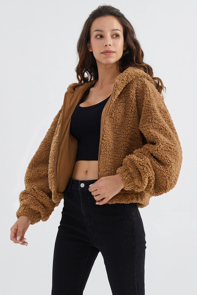 Nuova giacca corta in peluche con cappuccio e cerniera Teddy a maniche lunghe autunno e inverno da donna_voghion.com