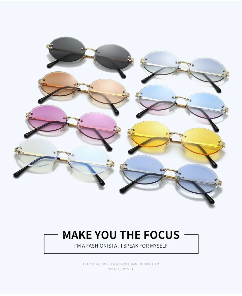 Moda Czarny Metal Owalny Kobiety Trend 2024 Vintage Okulary przeciwsłoneczne Bez Oprawek Dla Kobiet Projektant Mody Małe Okulary UV400 Oculus_voghion.com