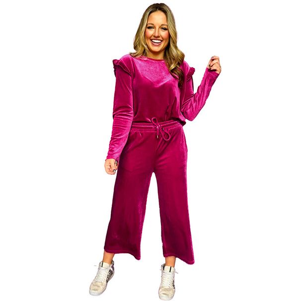 Shiying temperament einfarbig samt mode frauen herbst neue stil langarm top, cropped hosen zwei-stück set_voghion.com